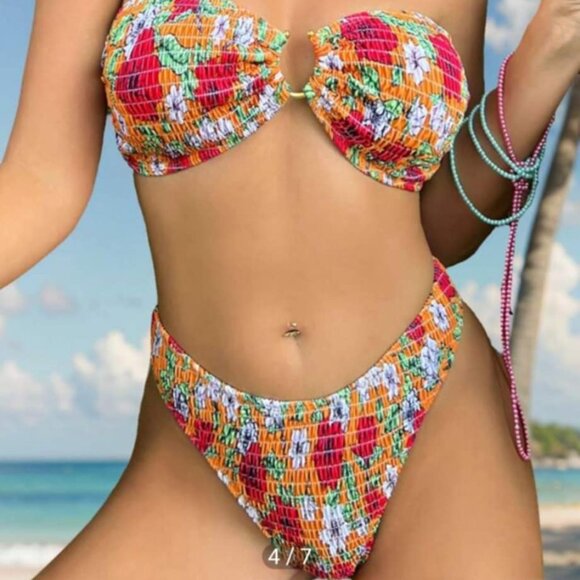 New WDIRARA Orange‎ Floral U Ring Bandeau Bikini Size Medium - Picture 2 of 6